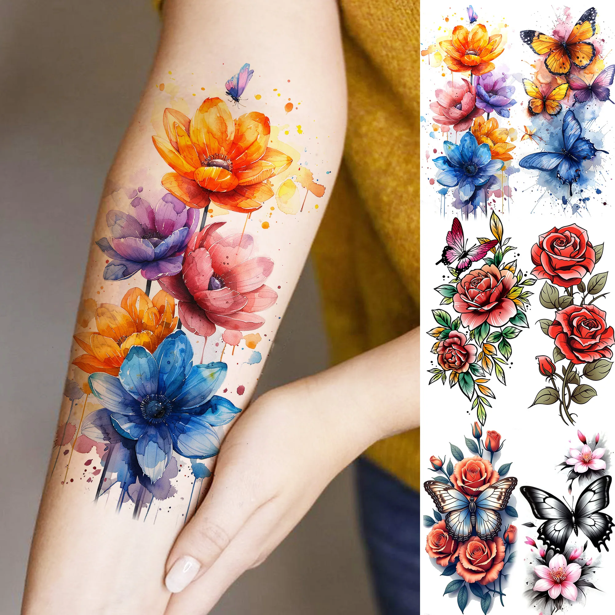 1 Sheet Beautiful Watercolor Flowers Butterfly Temporary Tattoos For Women Waterproof Realistic Fake Tattoo Sticker Long Lasting