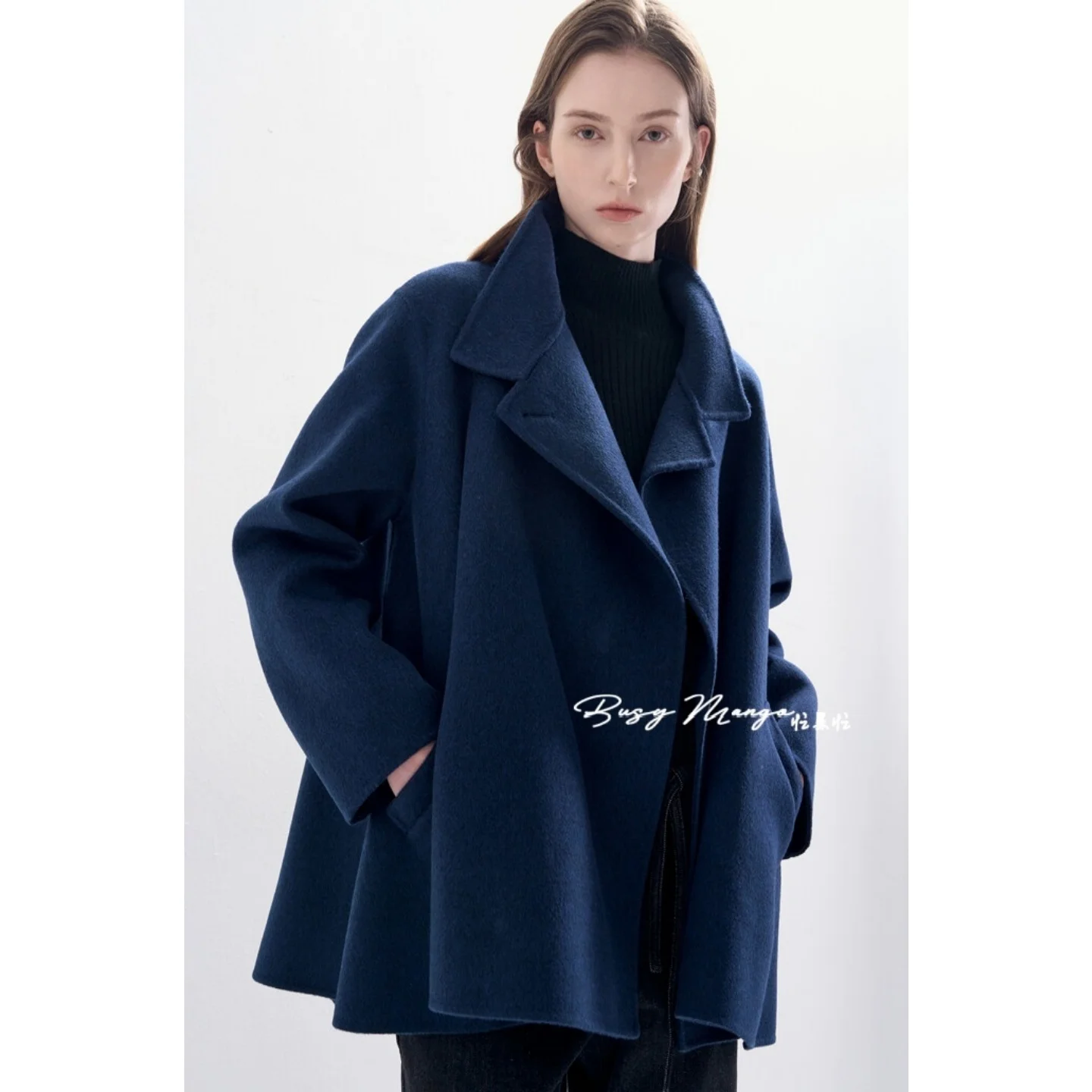A-Line Woolen Coat Double-Faced Hand-Sewn Sheep Wool Stand Collar Slimming Versatile Commute Korean Style Thick Winter Outerwear
