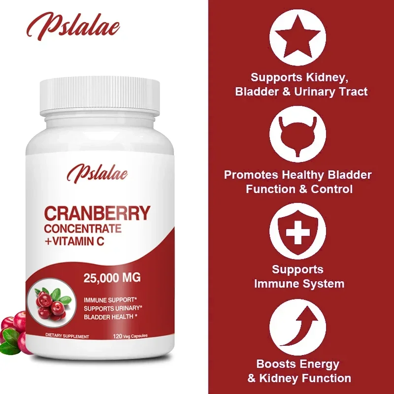 Natural Organic Cranberry Extract (25,000 Mg) (120 Capsules) Prostate Support with Vitamin C and Vitamin E To Aid Urination