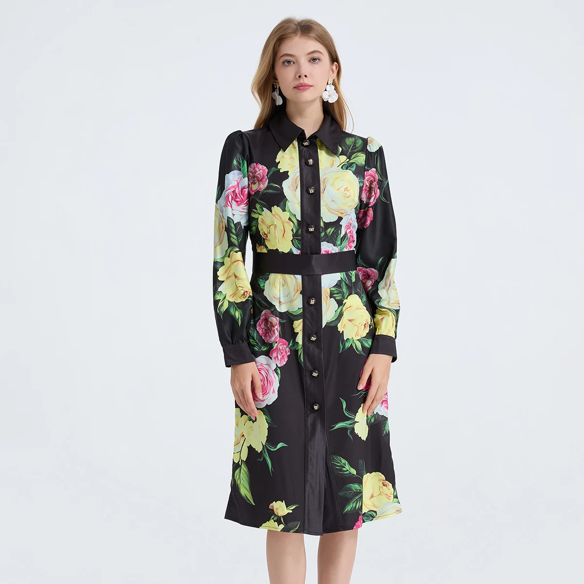 Robe crayon élégante à fleurs pour femmes, manches longues, imprimé à pois, robes de soirée mi-longues, marque de styliste, automne