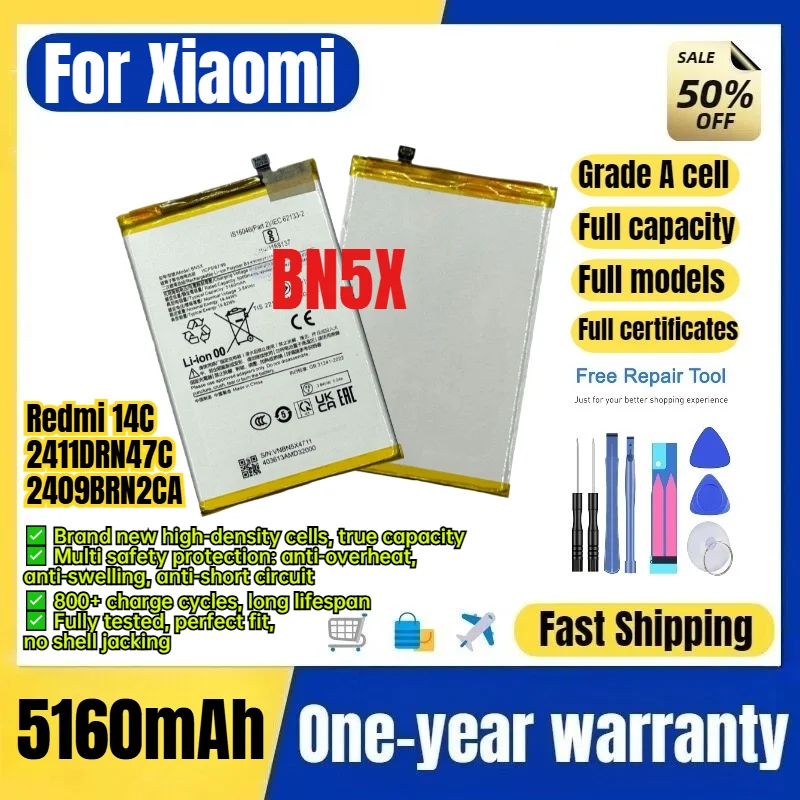 BN5X for Xiaomi Redmi 14C/2411DRN47C/2409BRN2CA Phone Battery  High Capacity Battery Replacement Bateria Grade A Cell with Tools