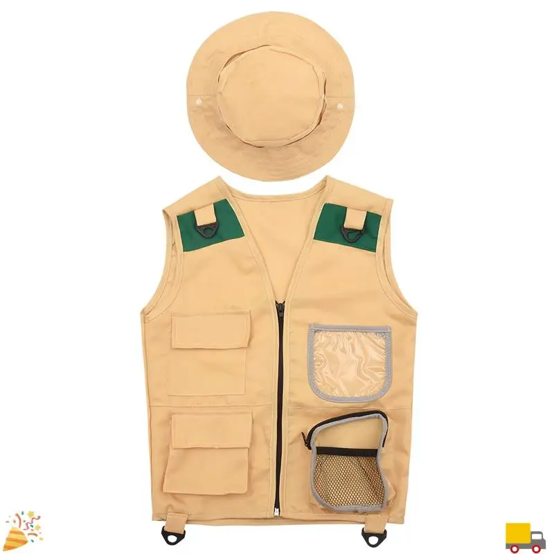 

Outdoor Adventure Kit,Young Kid's Khaki Cargo Vest And Hat Comfortable And Durable Explorer Costume Role Play