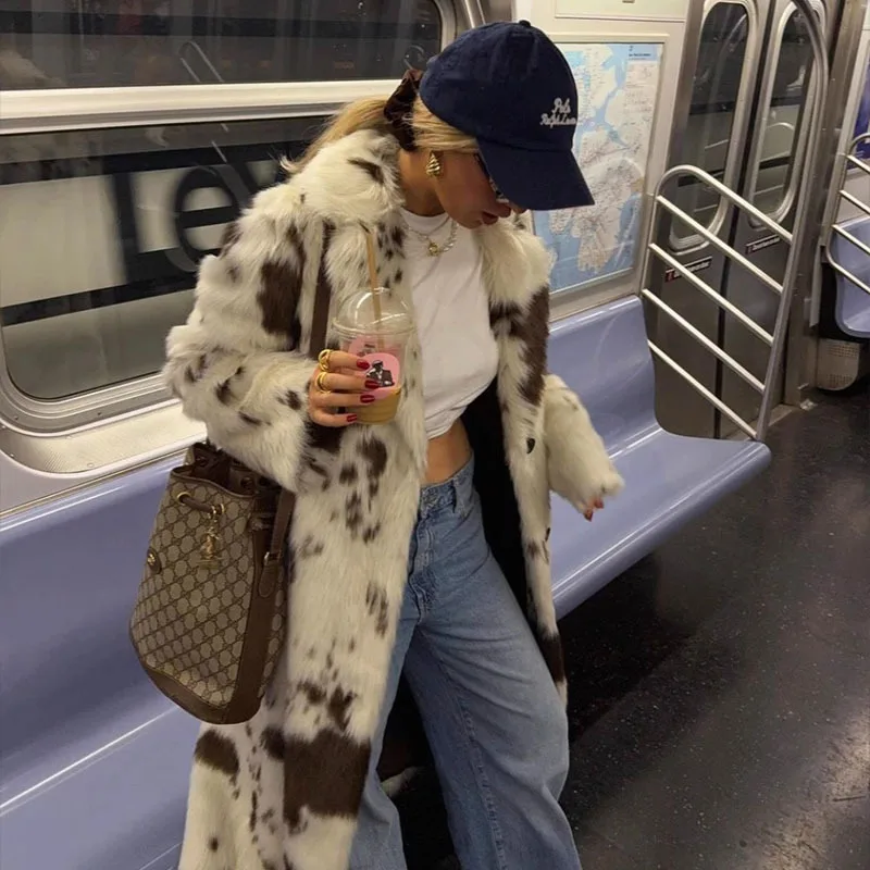Women's White-Brown Cow-Patterned Faux Fur Long Coat Wide-Lapel Retro Trendy Warm Winter Outerwear 2026