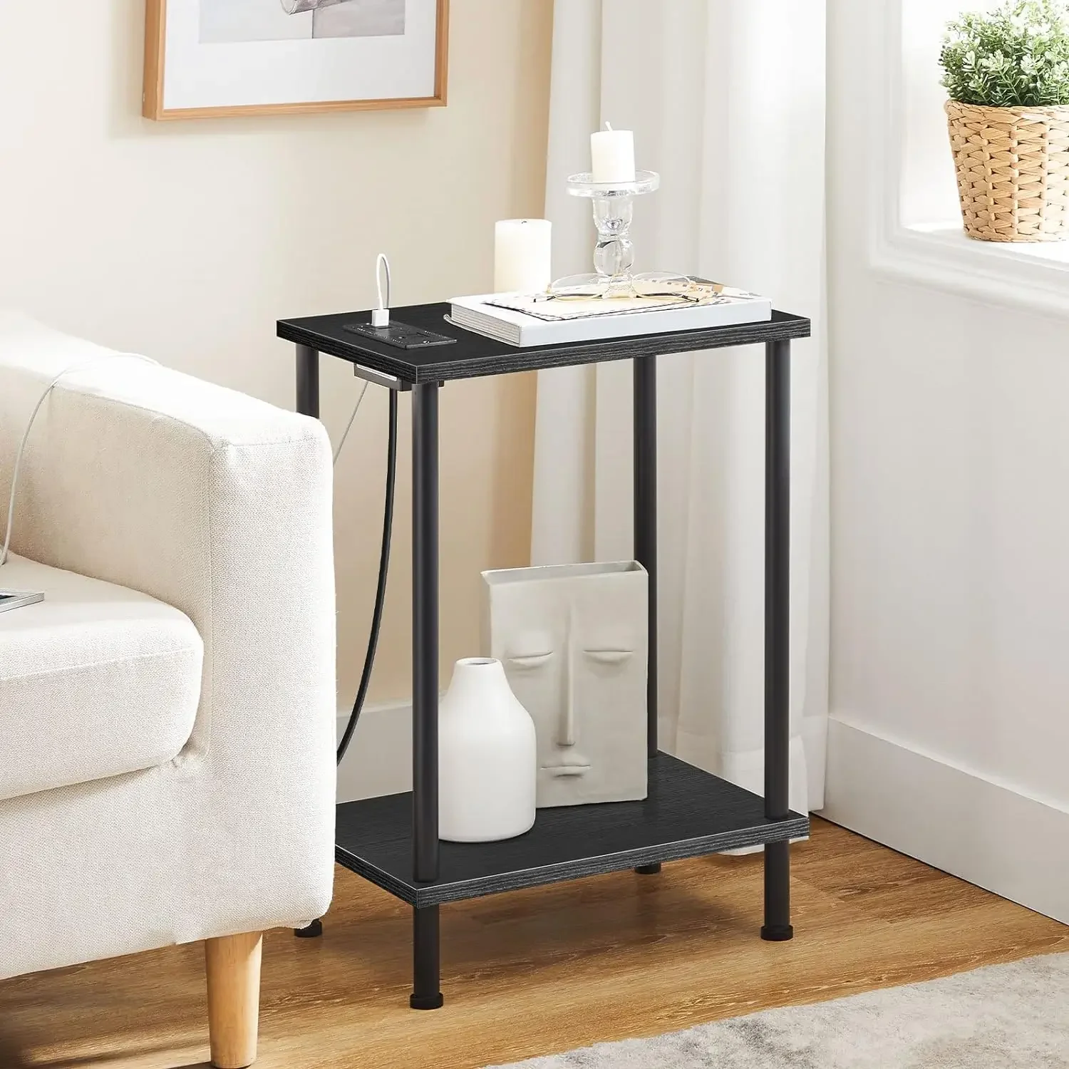 

Side Table with Charging Station, with USB Ports and Outlets, Nightstand with 2-Layer Storage Shelves for Small Spaces, Bedroom