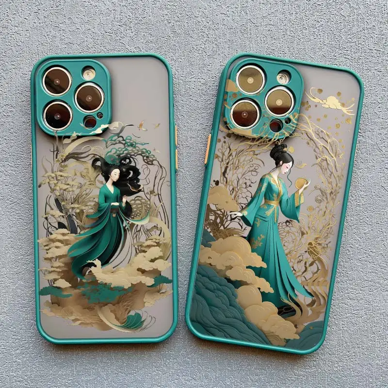 Chinese Style Antiquity Girl Paint Art Phone Case For iPhone 16 15 14 13 12 11 Pro Max Mini 15 8 7 Plus XS X XR Shockproof Cover