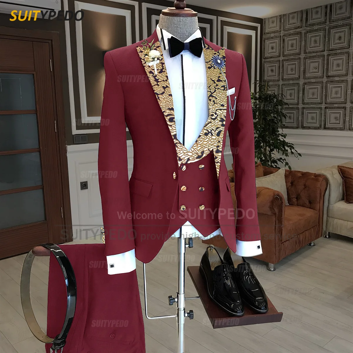 Luxury Men Suits Gold Printed Collar Formal Prom Male Elegant Costume Jacket Vest Pants 3 Pieces Wedding Party Fashion Tuxedos