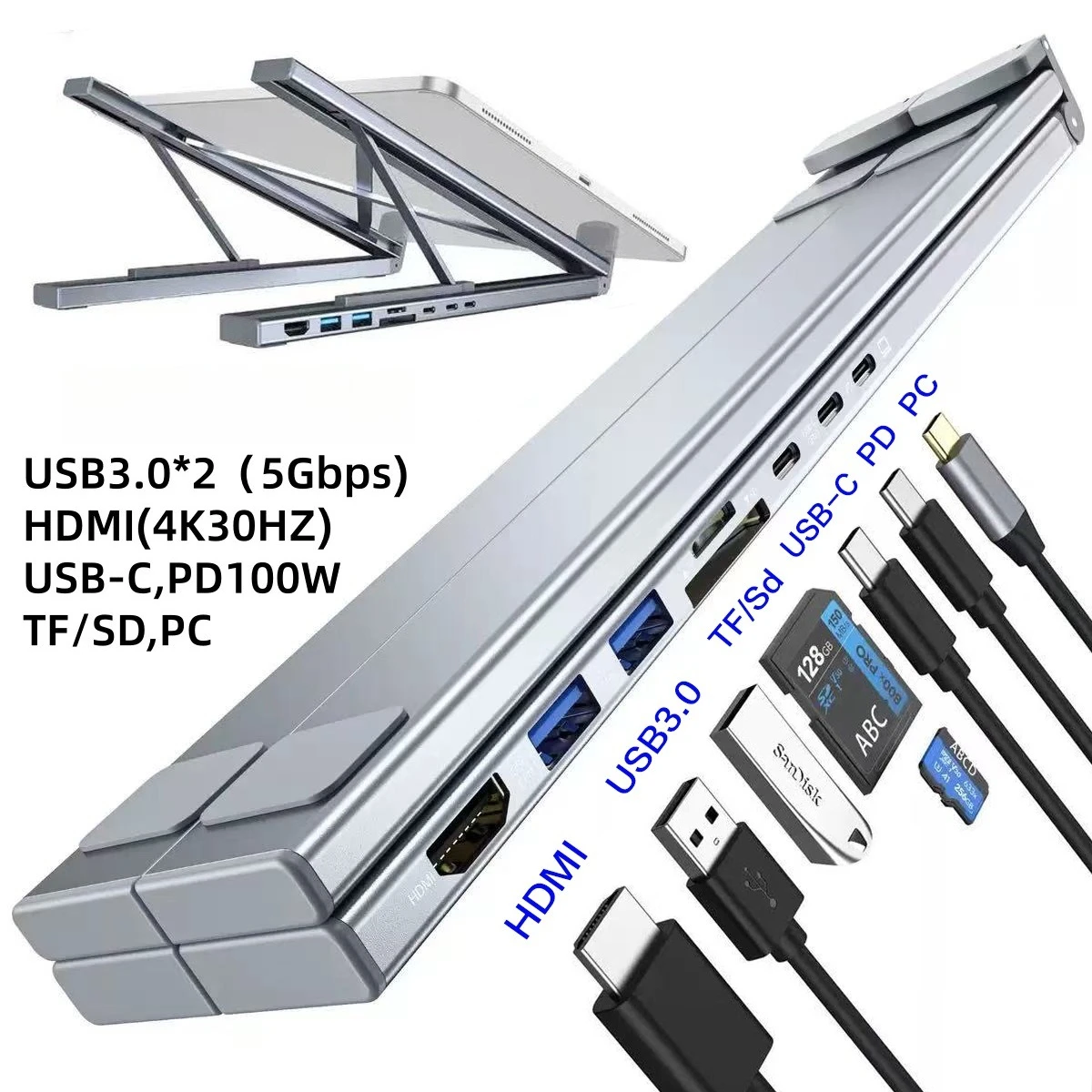 8 in 1 Laptop Stand USB-C Docking Station Multiport Hub Compatible with MacBook Pro Air Dell HP Surface Lenovo Laptops