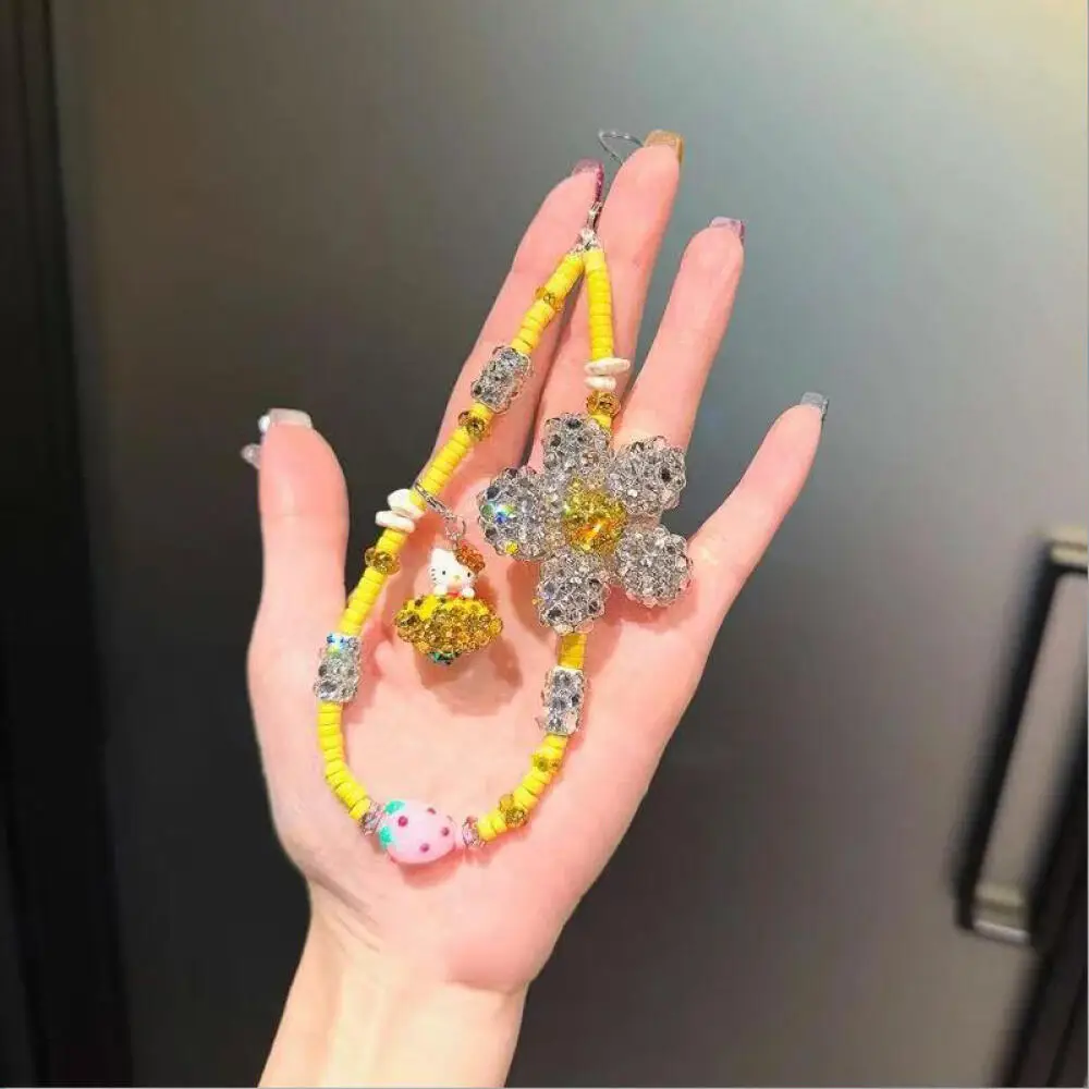 

Kawaii Sanrio Hello Kitty сверкающий кристалл цветок кулон-цепочка для телефона модная сумка подвесная веревка декоративные аксессуары подарок для девочки