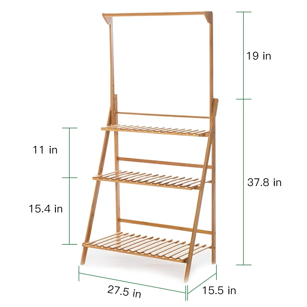 3-Tier Hanging Plant Stand Storage Shelf Folding Flower Pot Organizer Display Storage Rack Adjustable Hanger Rod Bamboo Patio