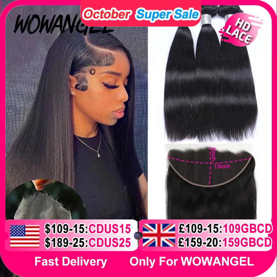 Wowangel 13x6 HD Frontale Del Merletto con Fasci di Capelli Umani 5x5 HD Chiusura Del Merletto Melt Skins Estensione Brasiliana Dei Capelli Lisci per le Donne
