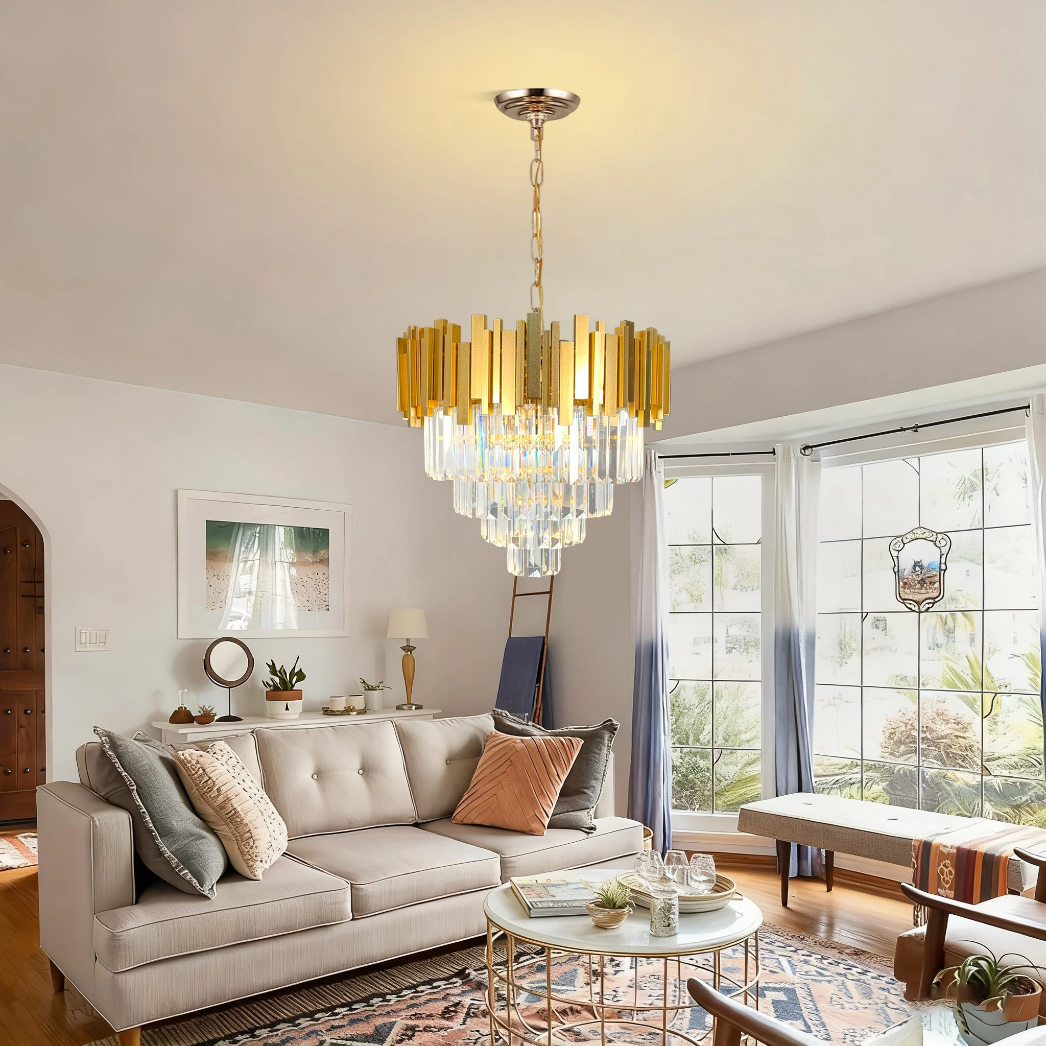 Modern Gold K9 Crystal Chandelier, Round Dimmable 4-Tier Rustproof Crystal Chandelier for Dining Room/Bedroom/Living Room