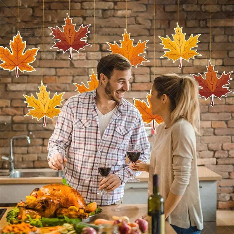 8Pcs Thanksgiving Party Maple Leaf Pulling Flower Pendant Harvest Season Family Gathering Background Hanging Garland DIY Decorat