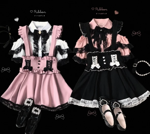 Japanische Art Spitze Doppels chicht hohl schulter frei Langarm Bluse süße Lolita Mädchen Hemd lose Blusas Tops