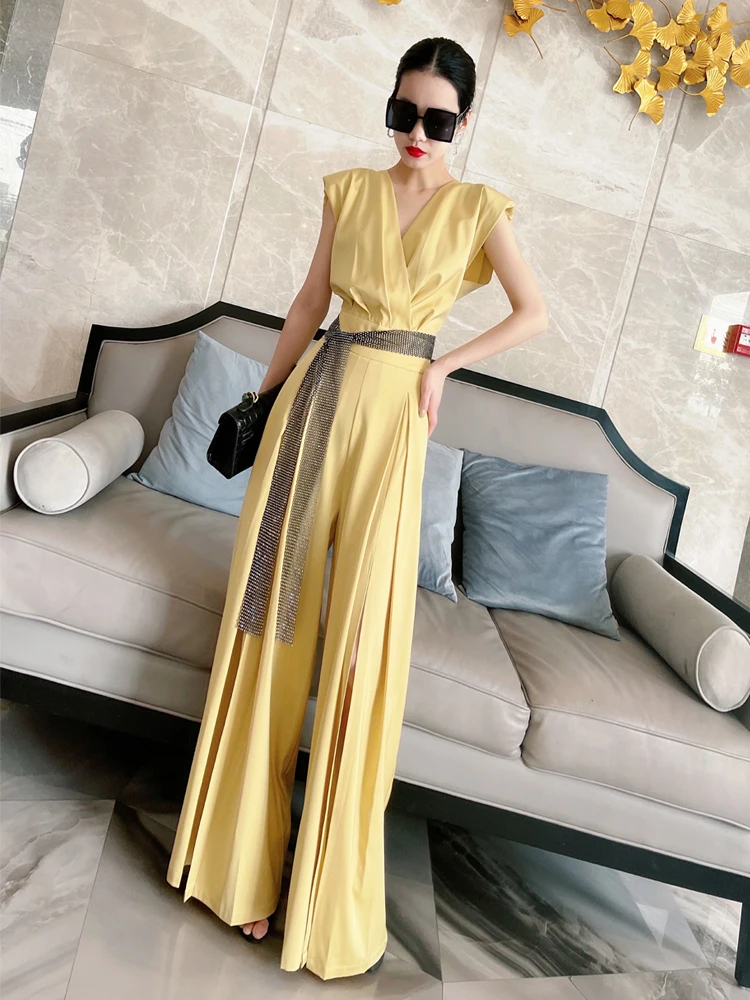 Mono de satén de acetato para mujer, pantalones de pierna ancha con adornos de diamantes, cintura alta, drapeado, diseño Original con cinturón, verano