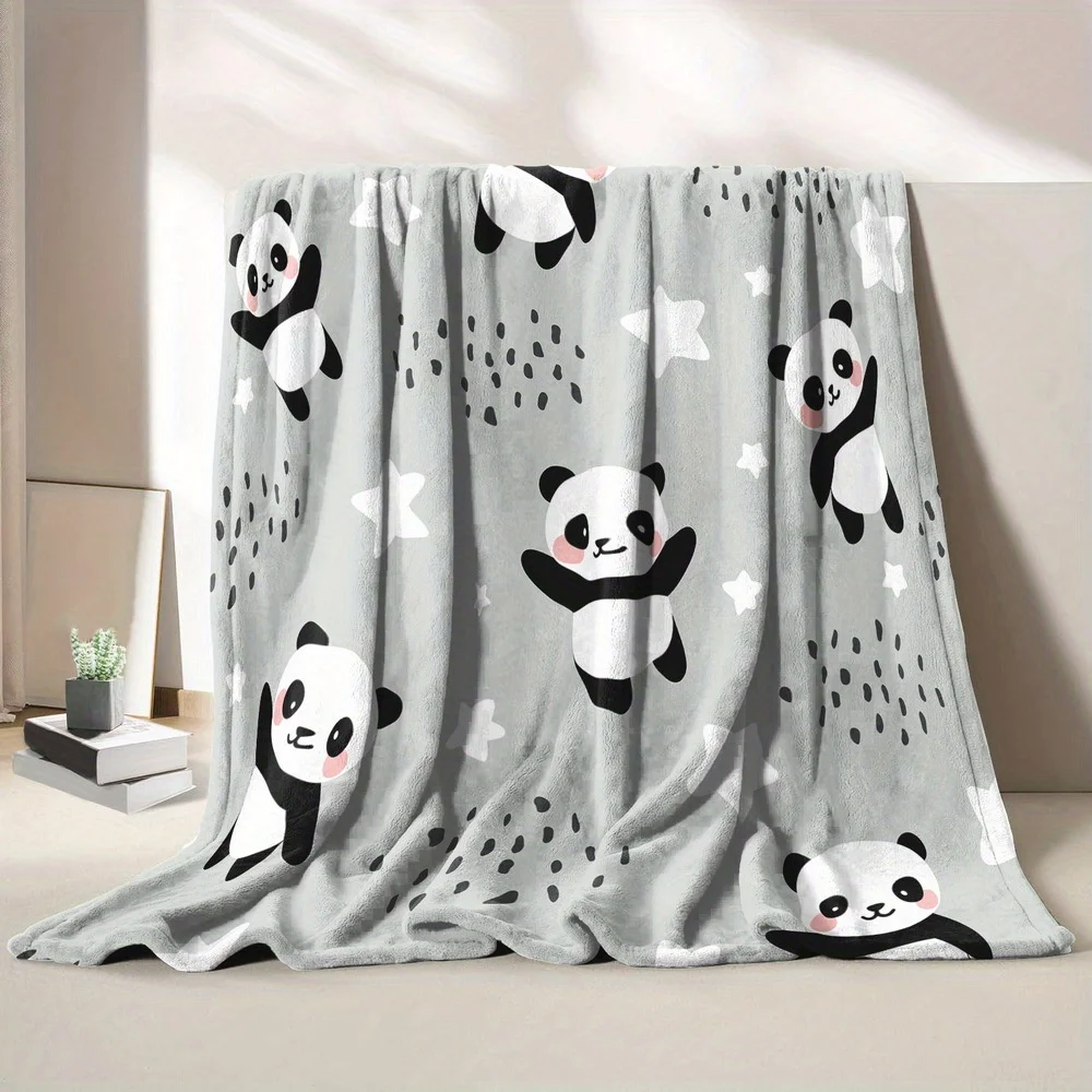 2D Flat Printing, 1pc Cute Easy Cartoon Style Blanket, Printed with Cartoon Panda Star Raindrop Pattern Nap Blanket, Suitable fo