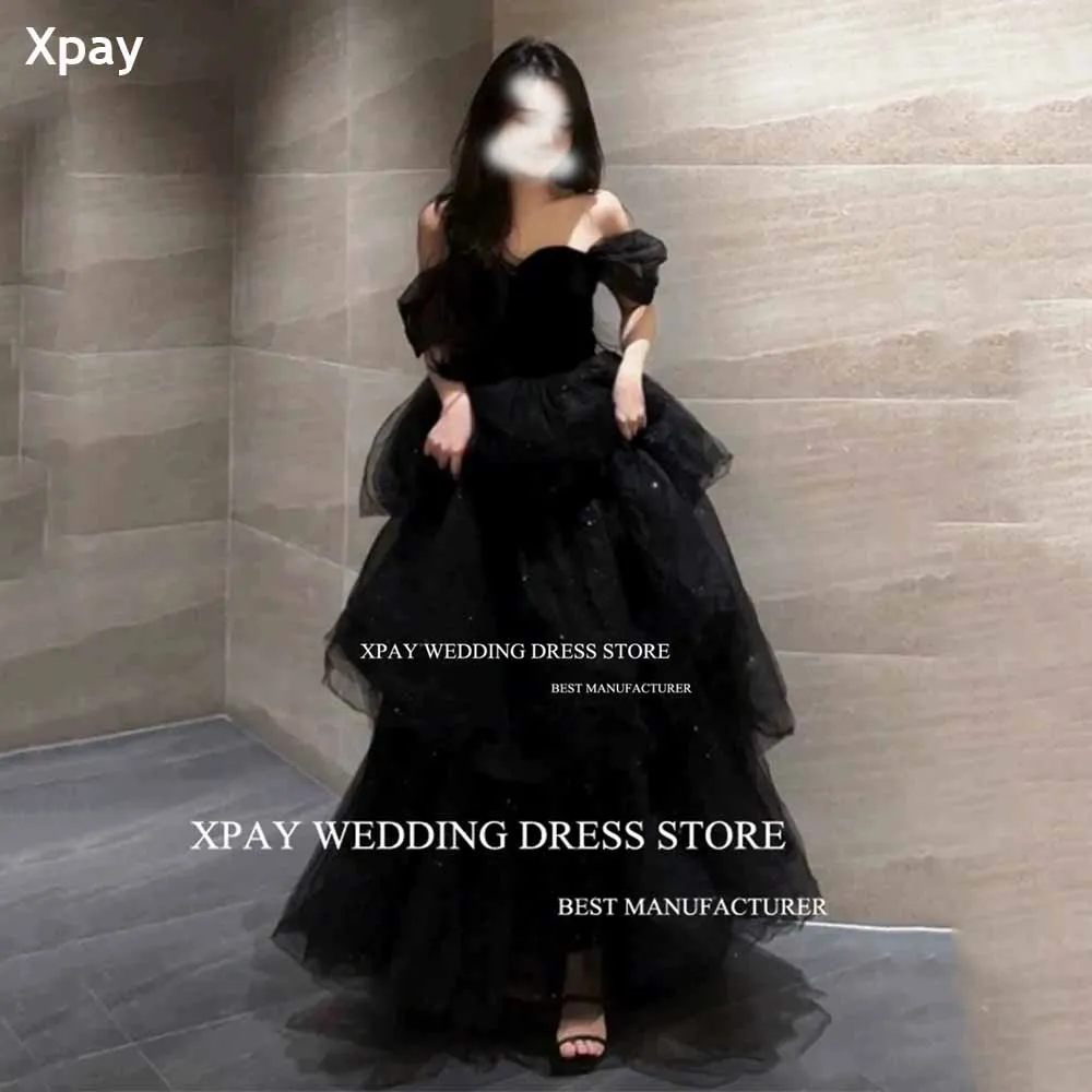 XPAY Sweetheart Off Shoulder Black Wedding Dresses Sparkly Lace Wedding Photo Shoot Bridal Gown Corset Tiered Long Bride Dress