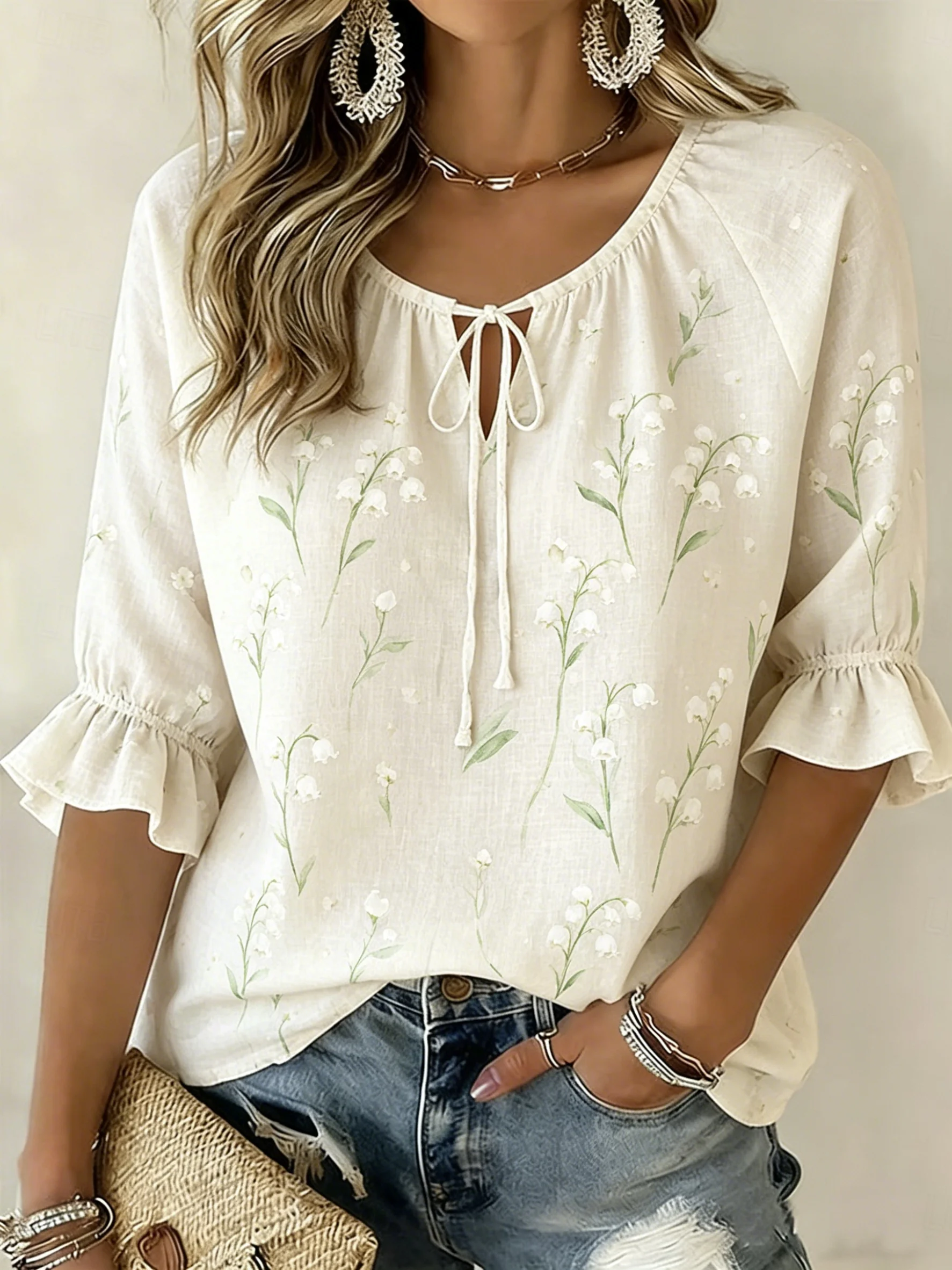 

Women's White Lily of the Valley Print Tie Neck Blouse, Casual Loose Tops for Spring Summer Daily Wear & Vacation Occasions