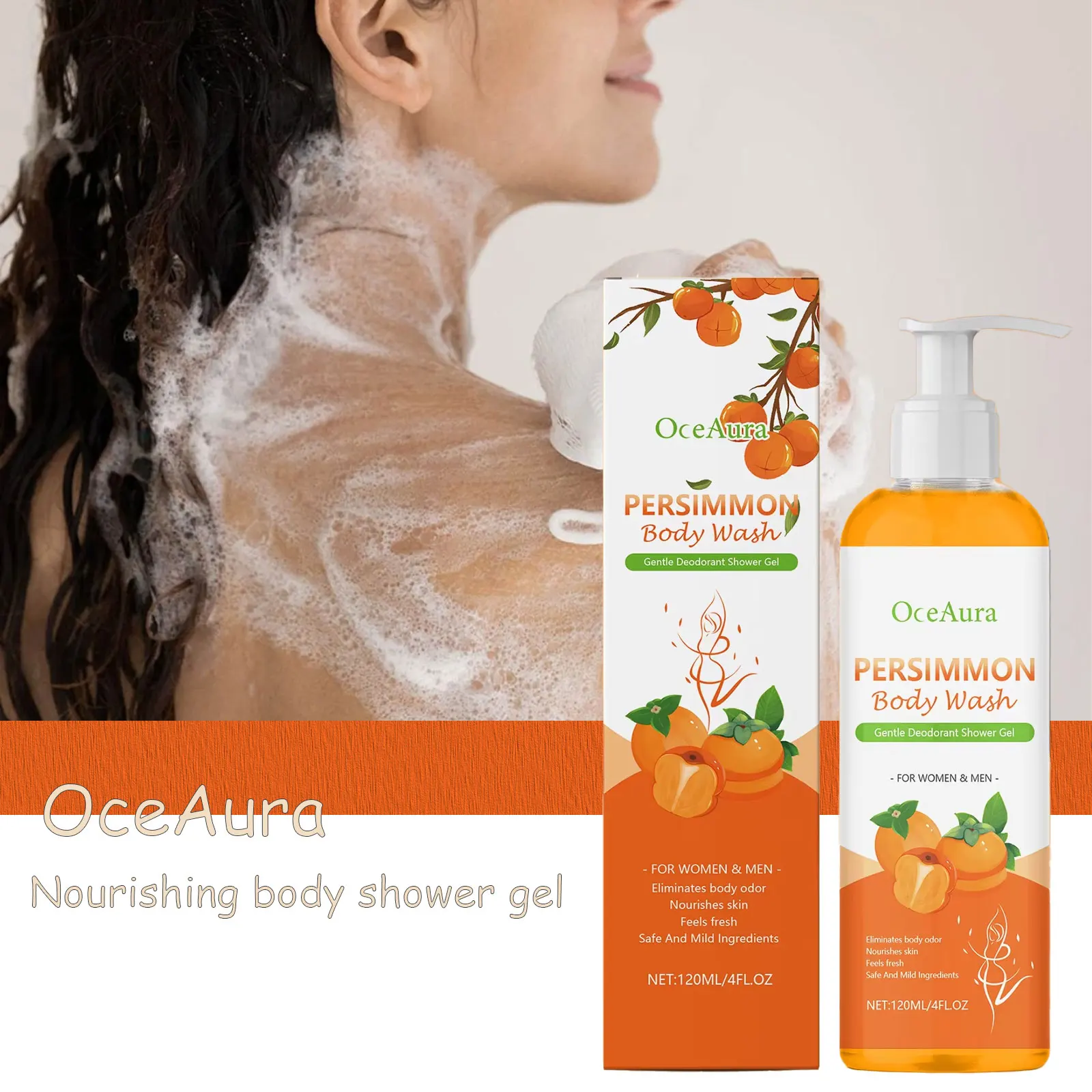 

OceanAura 120ml Persimmon Essence Bath Lotion for Body Skin - Refreshing Oil Control Moisturizing Warm Clean Bath Lotion