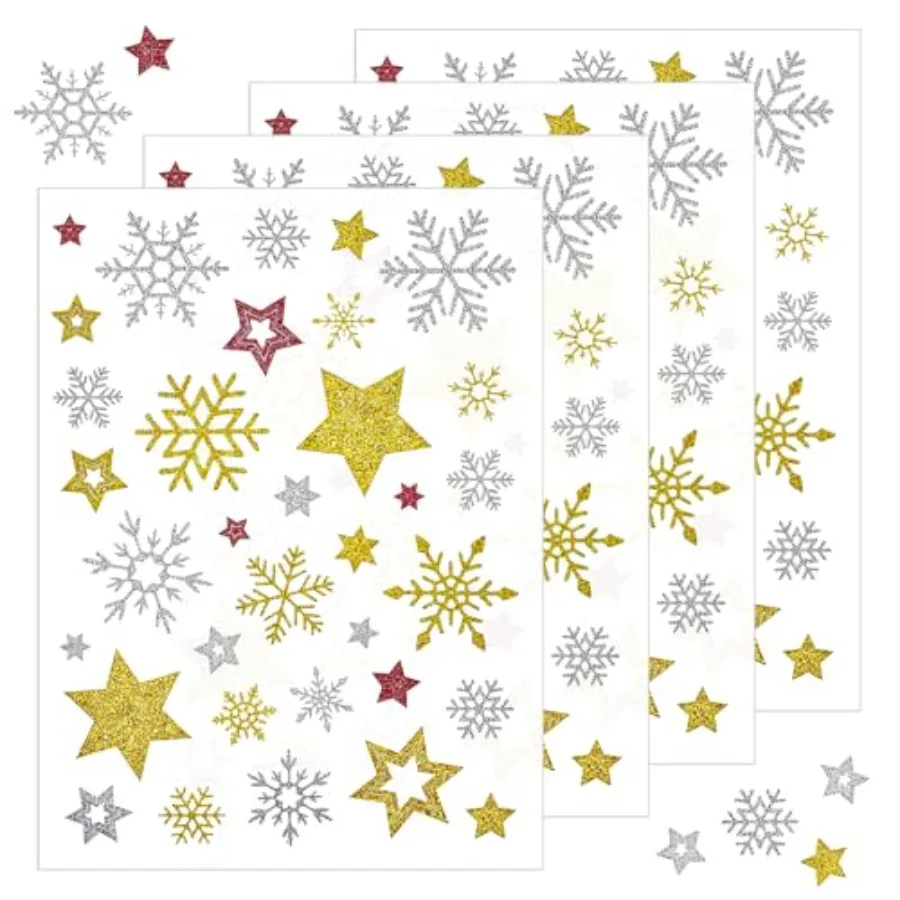 Glitter Christmas Stickers 4 Sheets Snowflake Stickers SelfAdhesive Small Star Snowflake Decals for Cards Envelopes Gifts Scrap