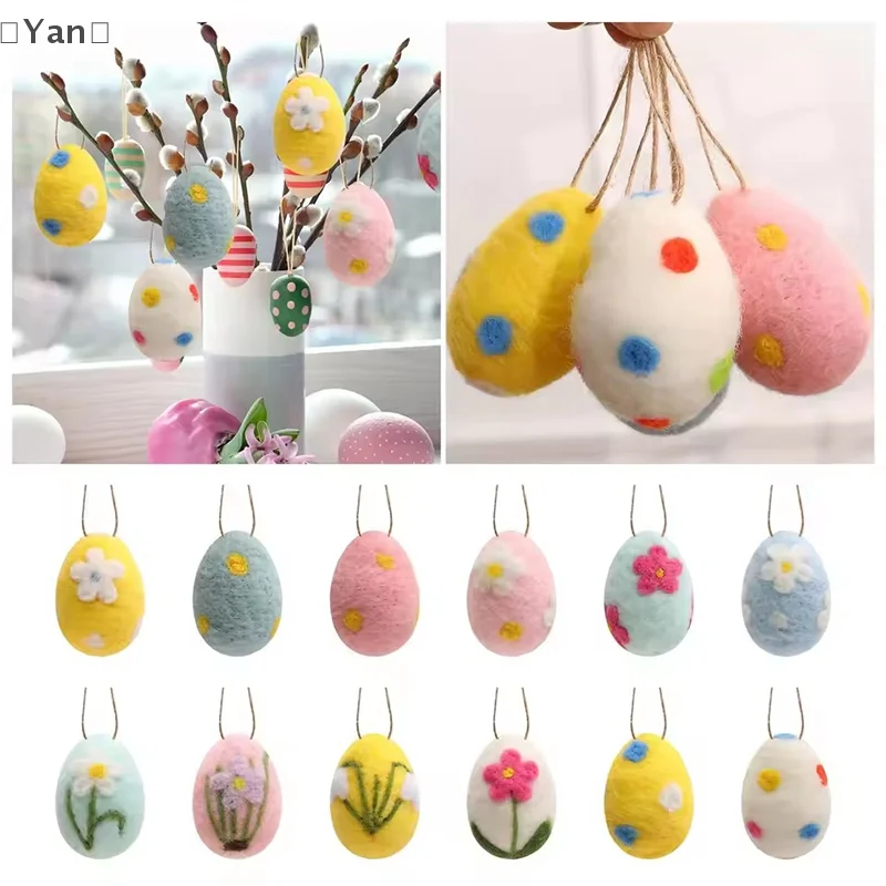 ieniaYan Sigur12PCS Wolvilt Schuim Paaseieren Vrolijk Pasen Decoraties Geschilderde Bloem Dot Eieren Hanger Met Touw Diy Craft Kid Gift Home