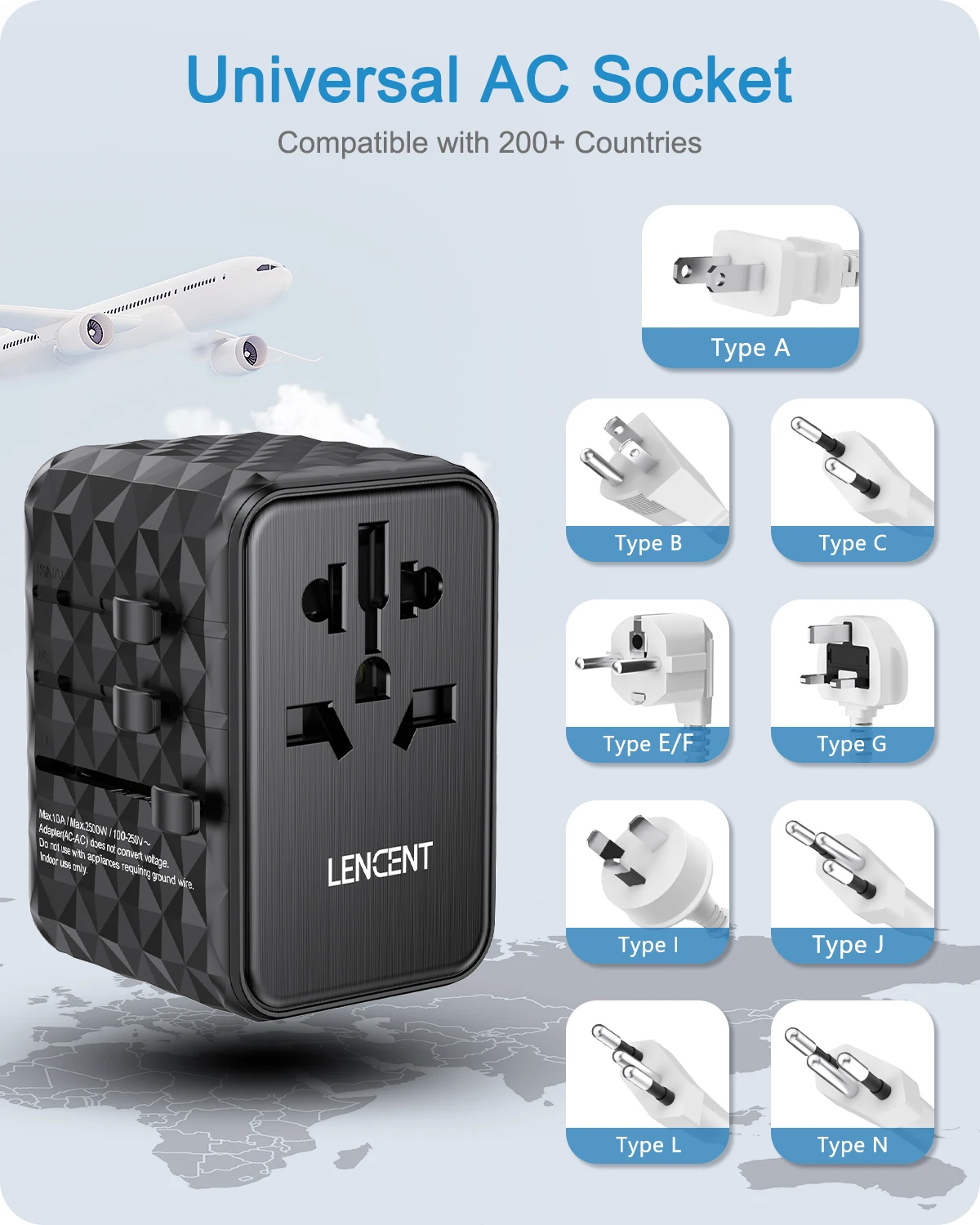LENCENT 65W GaN 범용 여행용 어댑터(USB 2개 포함) 3 유형 C 고속 충전 올인원 여행용 충전기 EU/UK/USA/AUS 여행용 썸네일 5