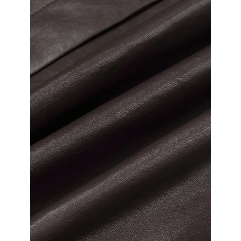 Jaqueta de couro genuíno, pele de carneiro curtida semi-vegetais, gola alta, patchwork, silhueta reparada, com cinto, ajuste solto