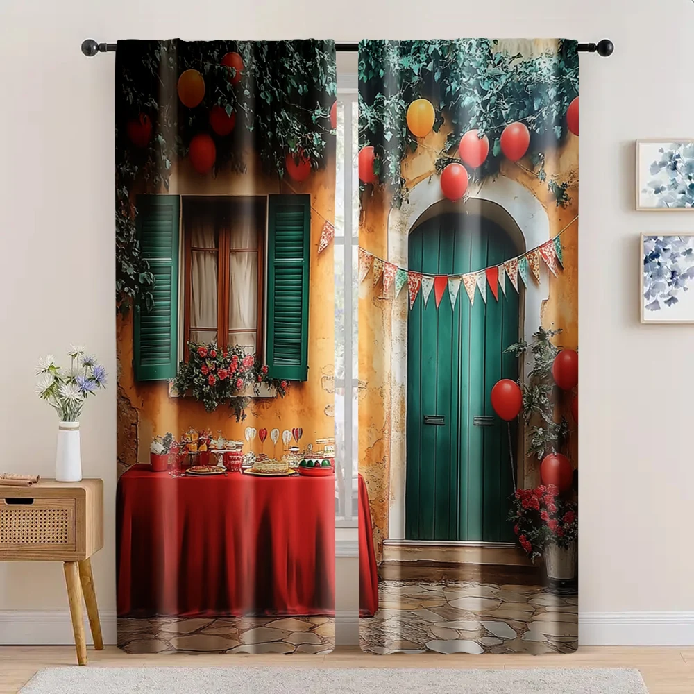 2pc,  Curtains Italy Street Machine Washable Fabric,Without Electricity Versatile Perfect for Holiday Celebrations