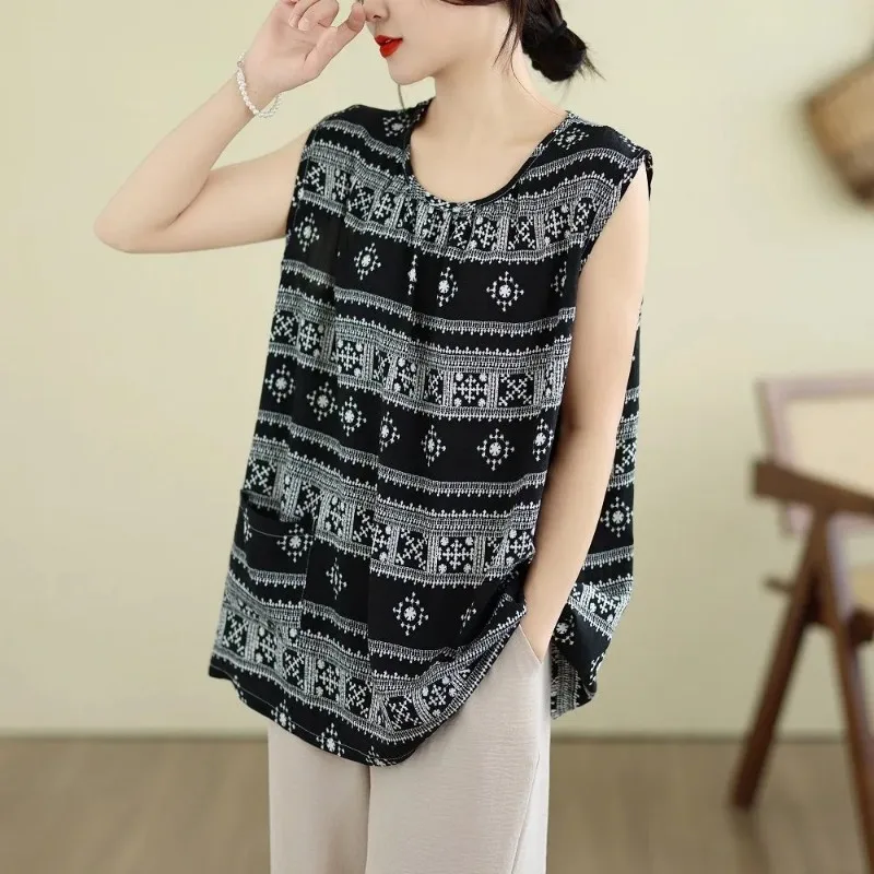 Bohemian Ethnic Print Linen Cotton  Top Women Plus Size Loose Sleeveless Summer Blouse view 6