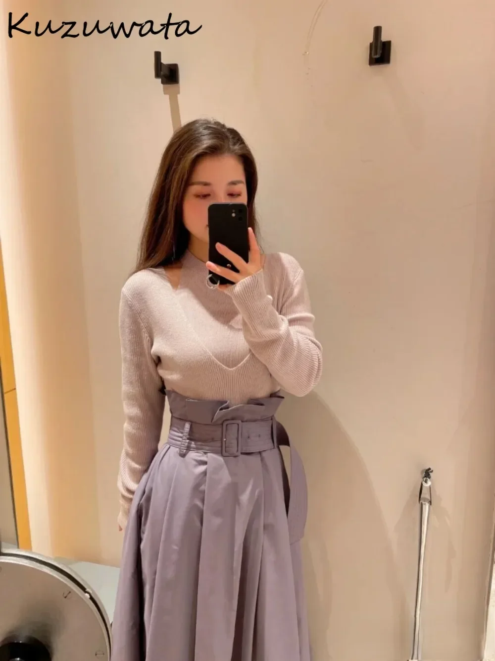 Kuzuwata New O Neck Long Sleeve Elegant Dress Off Shoulder Mid-length Patchwork Belt Robe Japan Spring Moda Knit Halter Vestidos