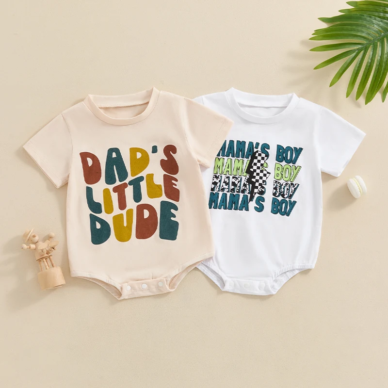 

2024-03-23 Lioraitiin 0-18M Infant Baby Boy Summer Jumpsuit Letter Print Short Sleeve Round Neck Romper Cute Bodysuit