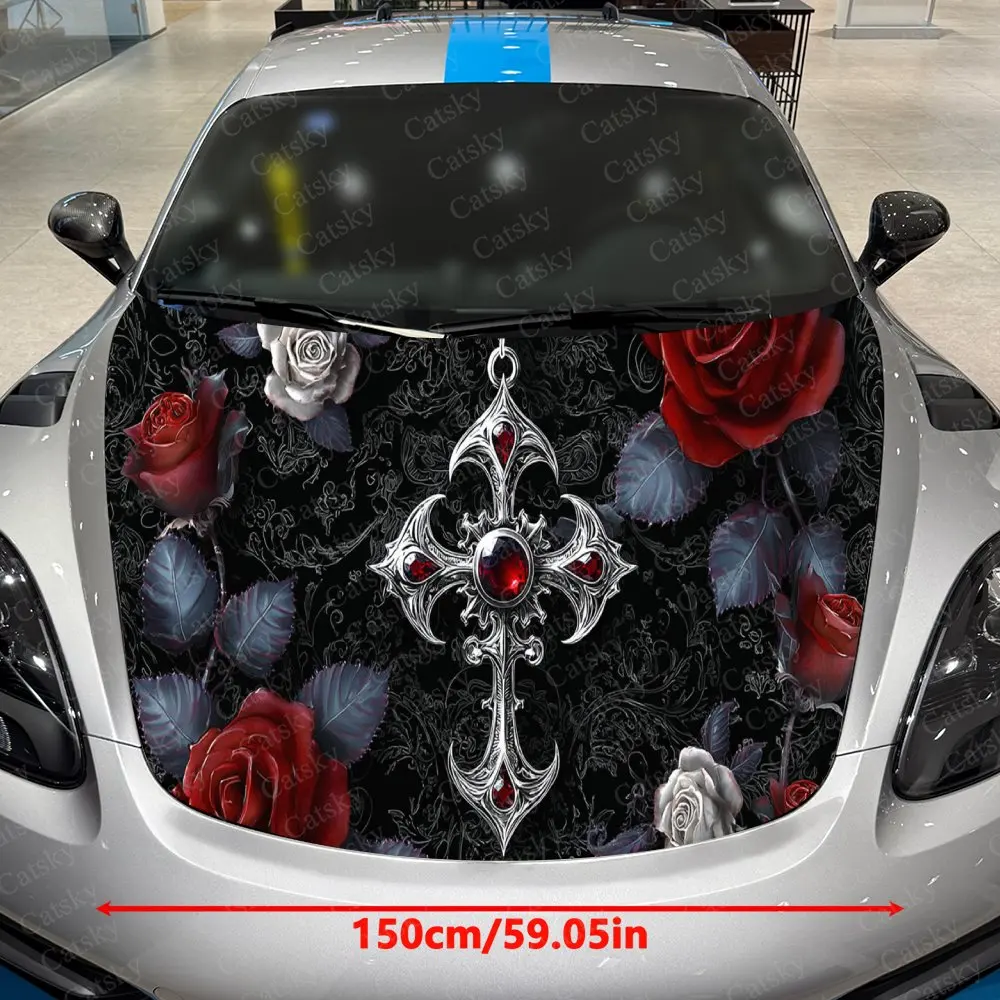 Dark Pattern Floral Cross Pendant Car Vinyl Wrap, PVC Waterproof Car Hood Sticker, Self-Adhesive Scratch-Resistant Stickers