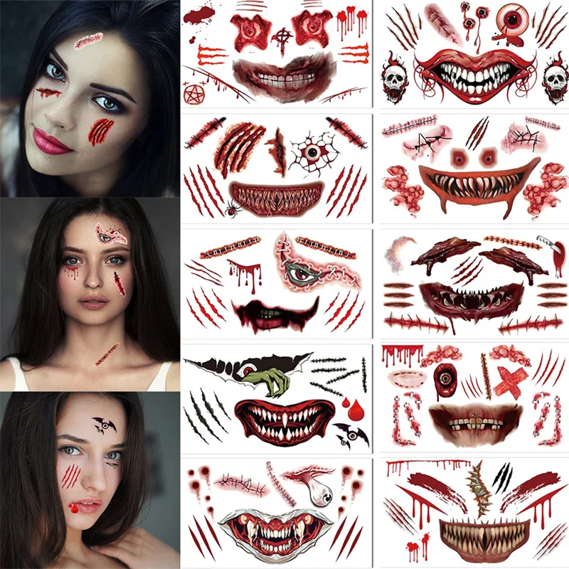 Halloween tatuagem adesivos, transferência de água, assustador, assustador, assustador, assustador, maquiagem, acessórios do partido, 10 pcs/set