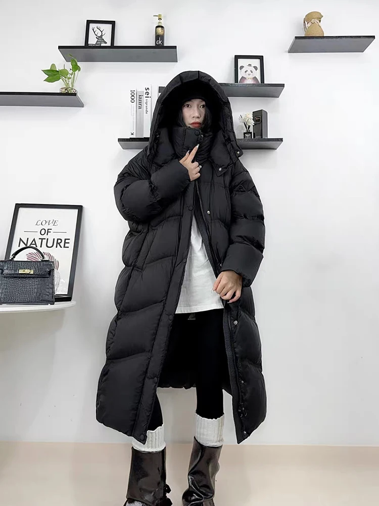 

Winter Long White Duck Down Jacket Coat Women Hooded Zipper Loose Warm Parker Outwears New Female Thickening Cotton Jacket Coat