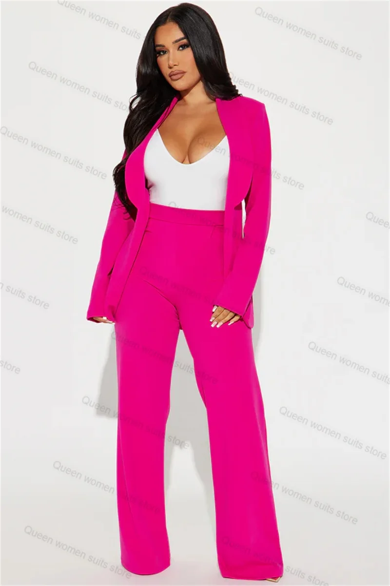 Hot Pink Women Suit Pants Set 2 Piece Blazer+Trouser Formal Office Coat With Belt Customized Wedding Tuxedos Prom Dress Jacket