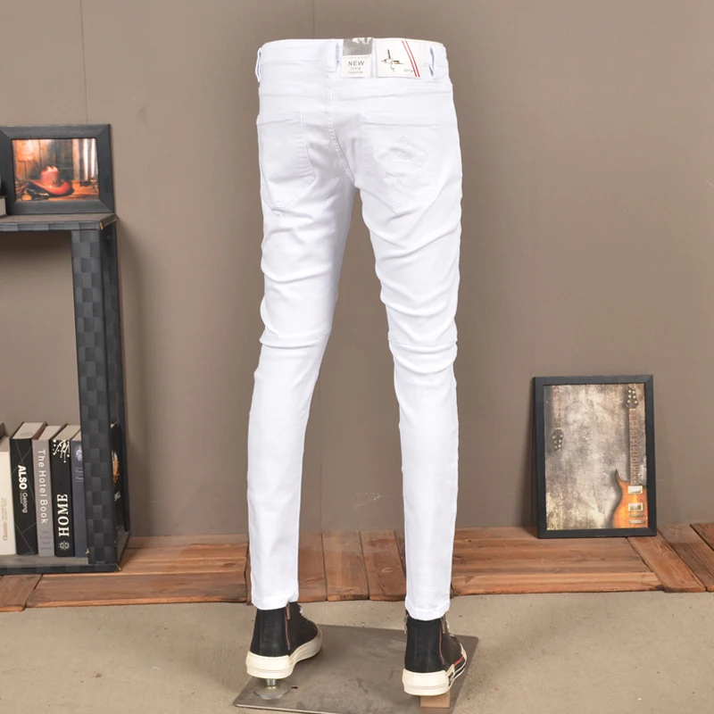 y2kFashionable new men's jeans stretch slim fit washed nostalgic white jeans hip-hop brand high-quality pants hombre