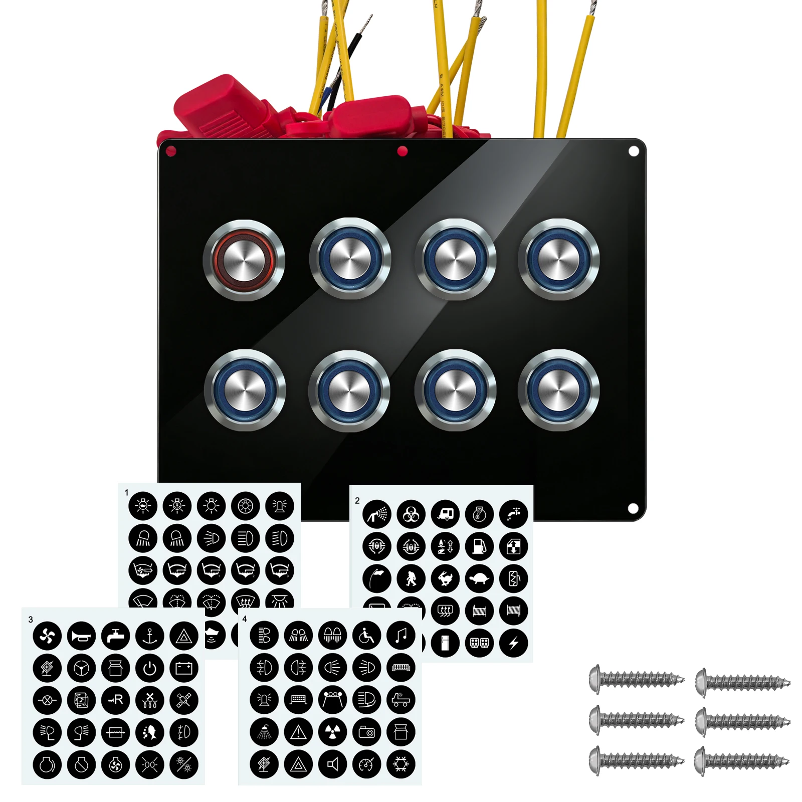 100pcs DIY Stickers 8 Gang Marine Push Switch Button Panel 12V Waterproof Acrylic Blue Red LED ON-OFF Momentary for 4x4 RV Car
