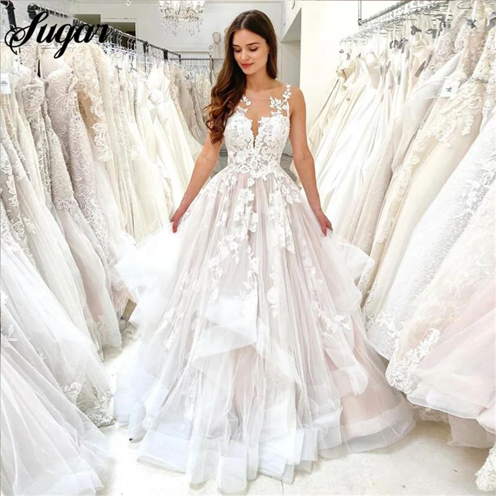 Vestidos de novia Vintage de encaje con cuello en V, apliques de novia, vestido de novia de princesa de línea A, vestido de novia de tul, suknia slubna