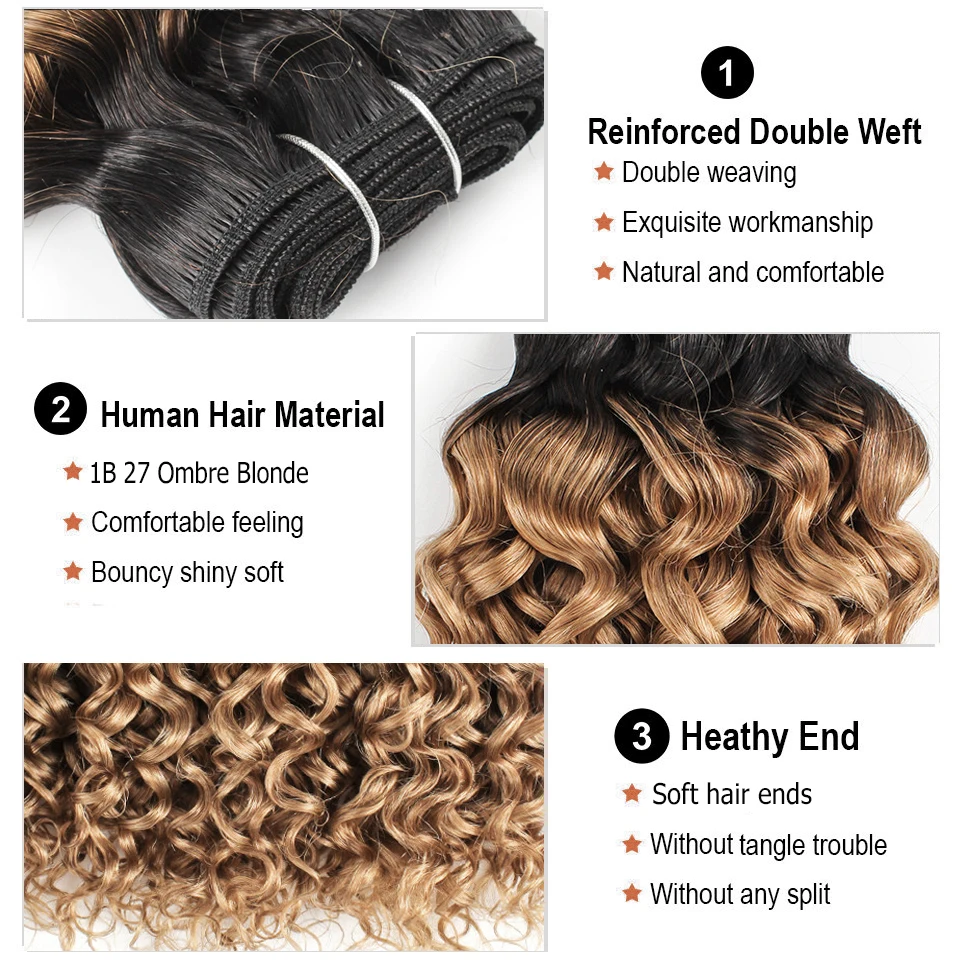 1 Bundle Water Wave Dark Brown Ombre Honey Blonde Hair Weave Natural Black Color 10-30 inch Remy Human Hair Extension Mogul Hair