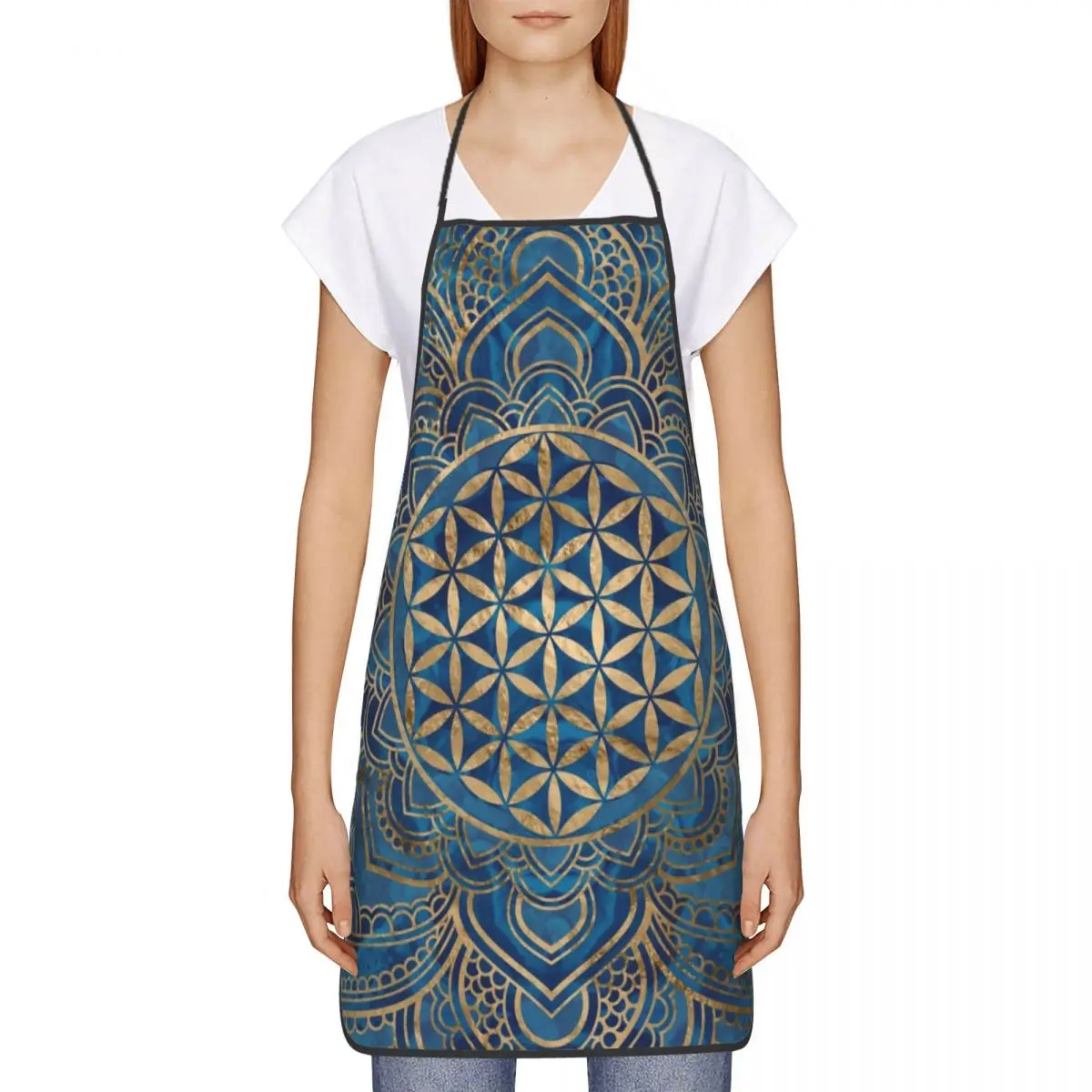 Custom Bib Flower Of Life In Lotus Mandala Aprons Men Women Unisex Adult Chef Kitchen Cooking Buddhism Tablier Cuisine Painting