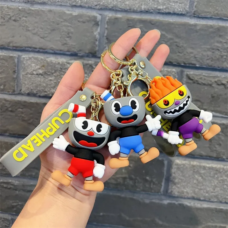 Cartoon Anime Game Cuphead Bag Pendant Pvc Keychain Men Car Key Ring Key Chain Phone Ornament Fashion Jewelry Kids Birthday Gift