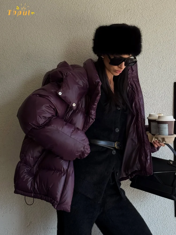 

Wine Red Hooded Cotton Jacket Women Chic Stand Collar Full Sleeve Pocket Loose Warm Padded Coat Lady Winter Daily Street Outwear