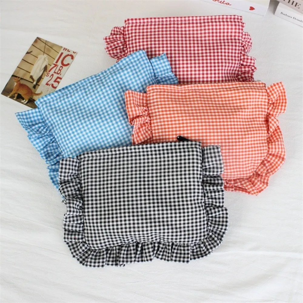 Durable Ruffle Plaid Makeup Bag Large Capacity Portable Cosmetic Pouch Zipper Handbag Home&Travel