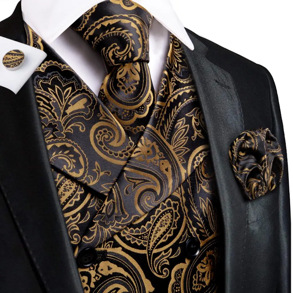 

Hi-Tie Gold Black Paisley Floral Silk Men Slim Waistcoat Necktie Set For Suit Dress Wedding 4PCS Vest Necktie Hanky Cufflink Set