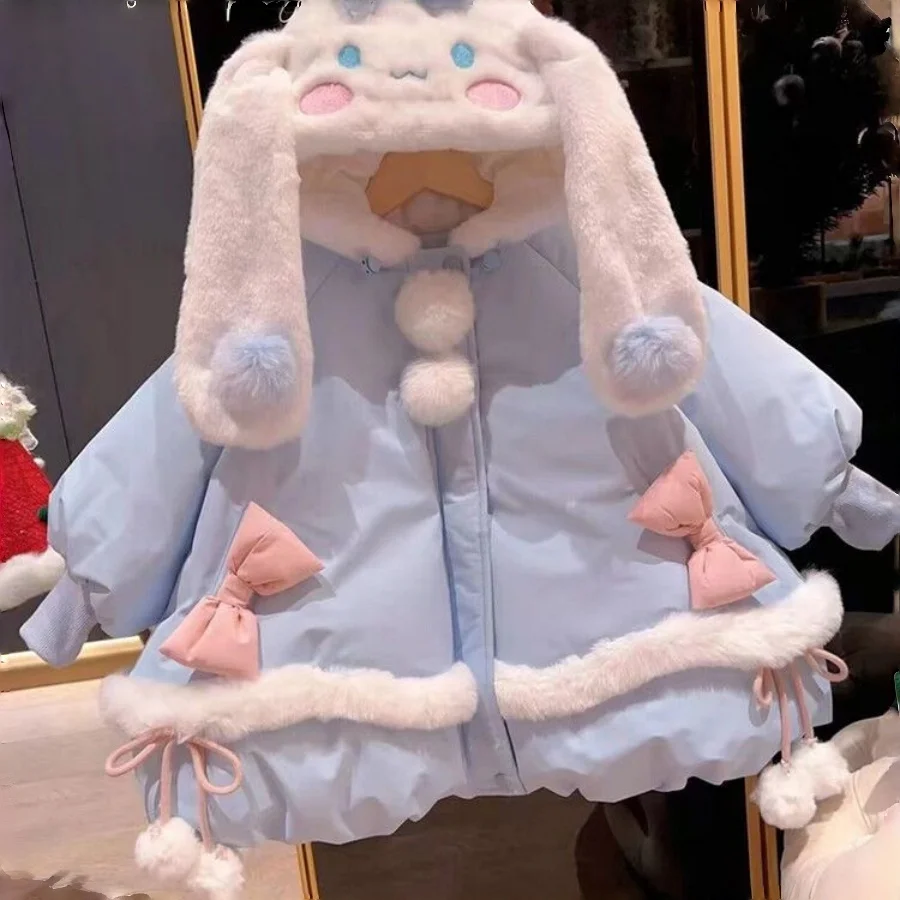 

Зимнее плотное хлопковое пальто для девочек в стиле аниме Cinnamoroll с бархатом, теплое детское пальто среднего и длинного пальто, милая хлопковая куртка с героями мультфильмов