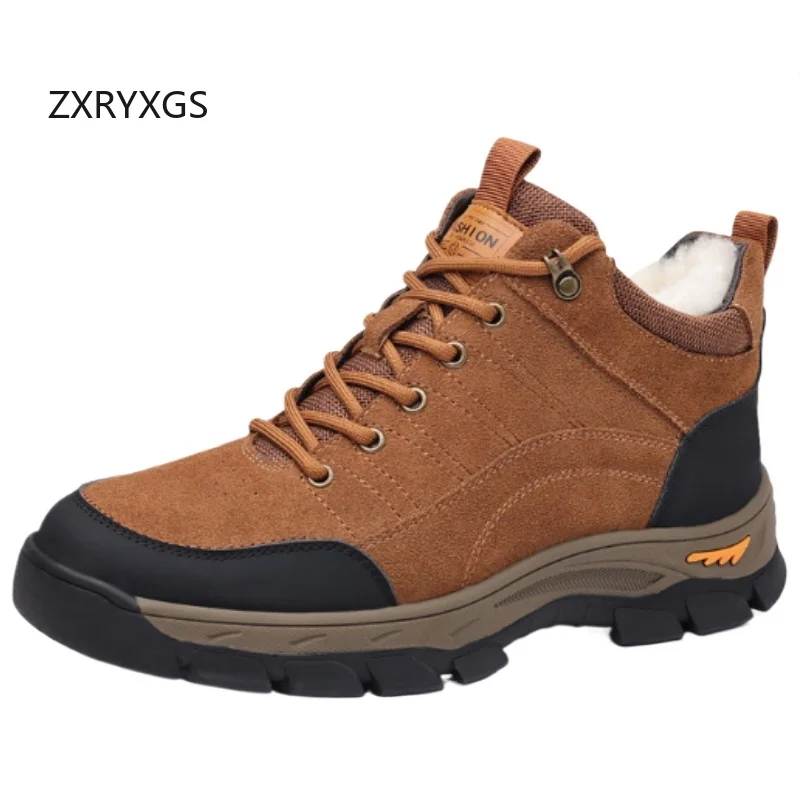 ZXRYXGS 2025 Cross Strap Frosted Cowhide Wool Boots Snow Sneakers Fashion Casual Shoes Winter Snow Boots Men Trendy Boots Flat