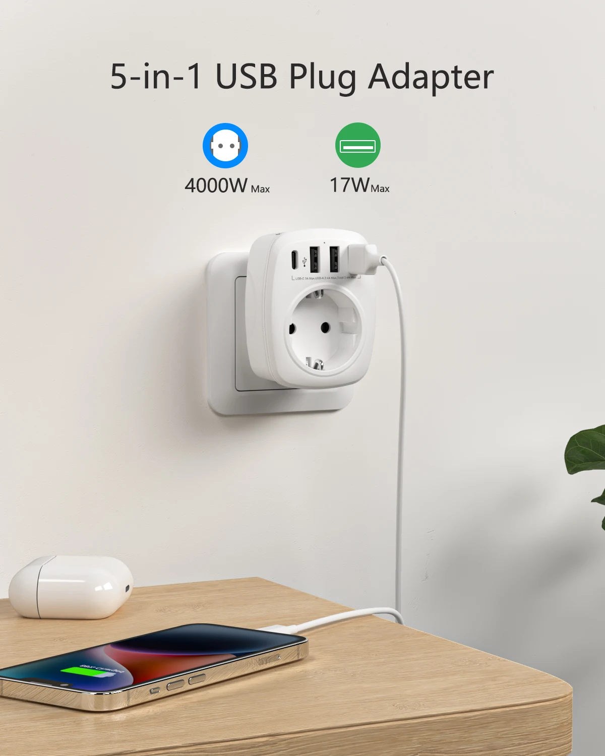 LENCENT EU Stecker Outlet Expander Wand USB Ladegerät mit 1 AC Outlet 3 USB Ports und 1 Typ C Reise adapter 4000W für Reise Hause
