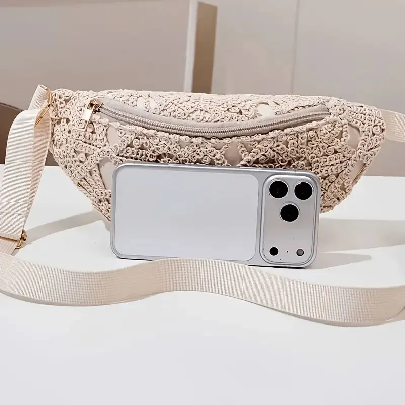

1 Piece Bohemian Style Lace Waist Bag and 1 Piece Tassel Pendant, Crochet Waist Bag, Bohemian Crossbody Waist Bag, Women's Beige Lace Crossbody Bag, Music Festival Lace Waist Bag