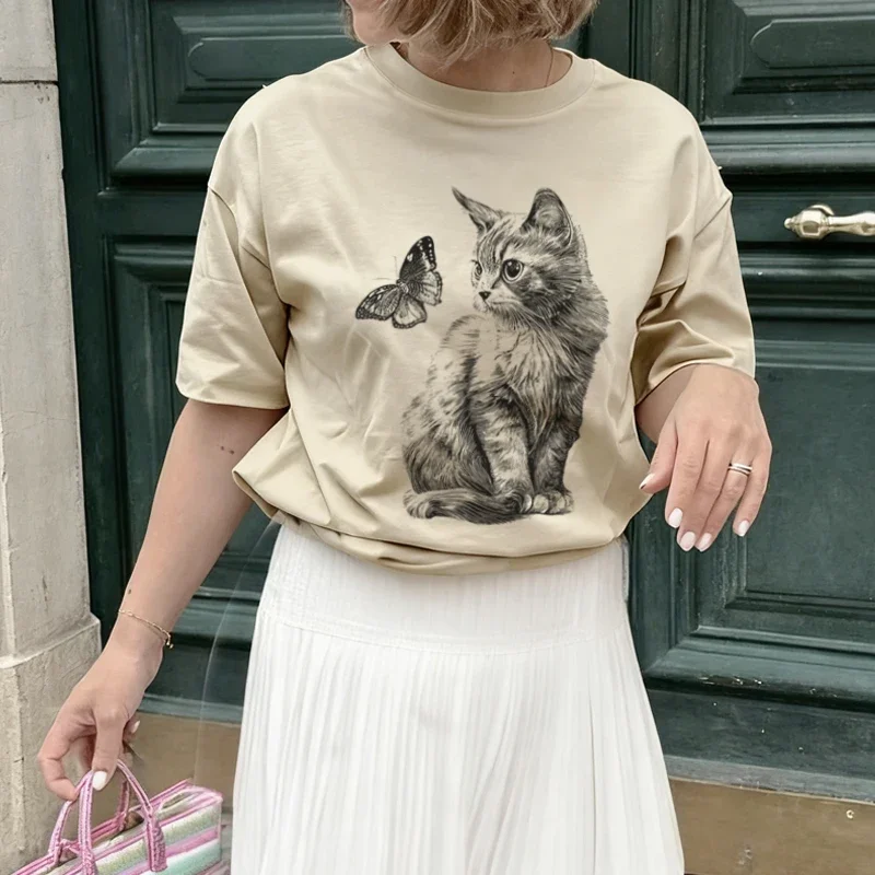 

Топы с рисунком милого котенка и бабочки, эстетичная рубашка для мамы и кошки, женская свободная хлопковая одежда Cottagecore, футболки в стиле ретро 90-х годов для любителей кошек