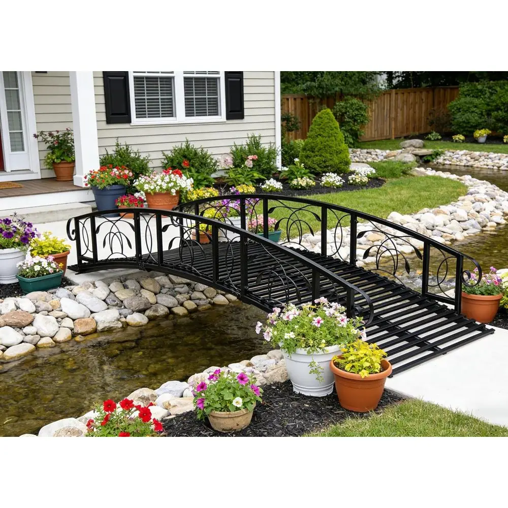 

Black Metal Garden Bridge with Safety Siderails for Outdoor Decor, Suitable for Streams and Ponds