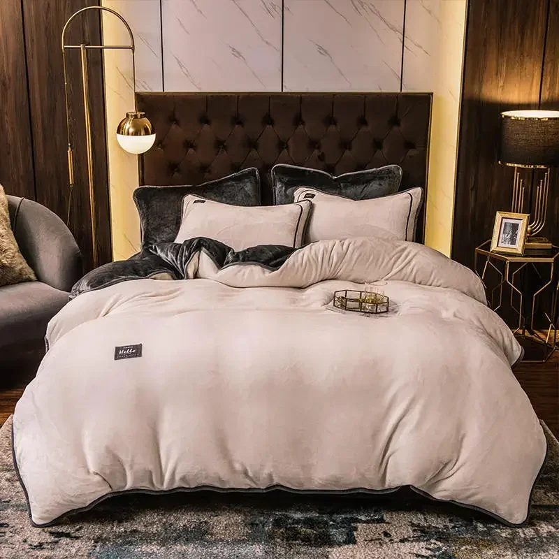 Midune Solid Milk Velvet Black Gold Series Bedding Sets Stripe Duvet Cover Flat Fitted Sheet Pillowcase winter warm bed Queen